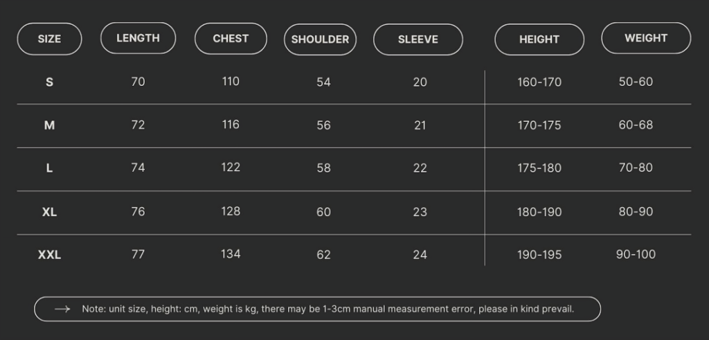 Size Chart for Frosted Black Denim